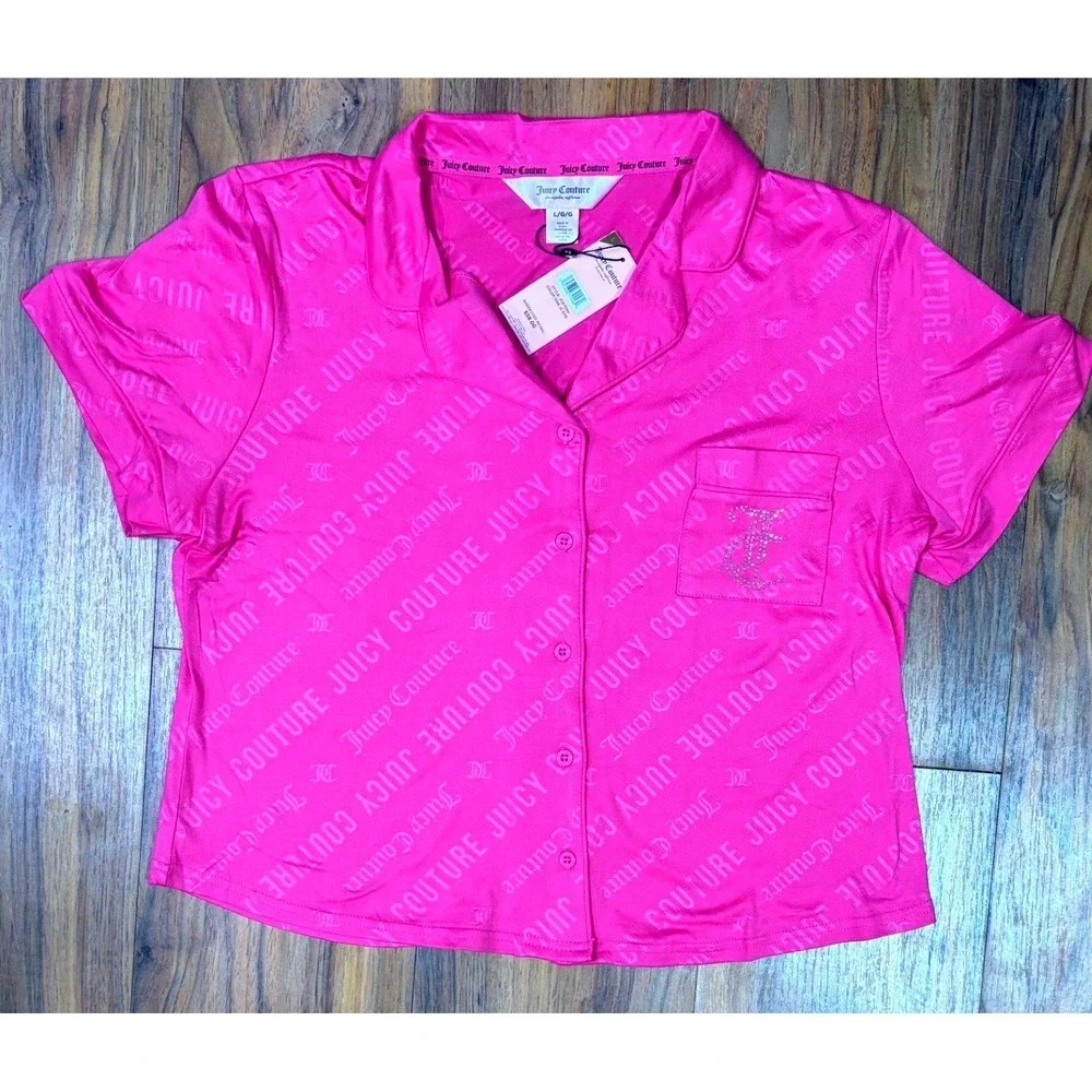 Juicy Couture Pajama Set Large Pink Rhinestone Logo Y2K Loungewear Sleepwear
